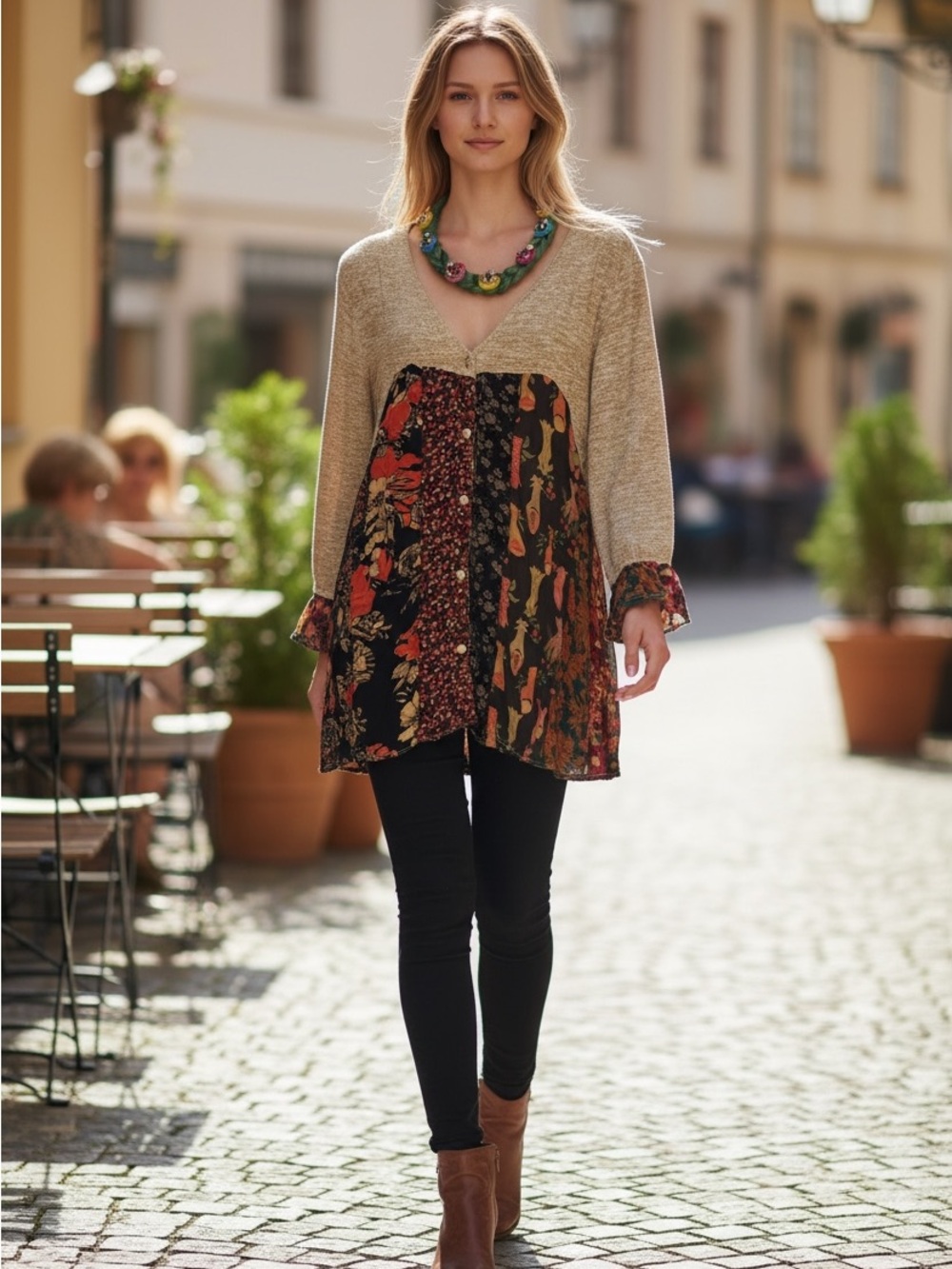 Young Threads XL Boho V-Neck Mixed-Print Tunic Top in Marigold and Multicolor